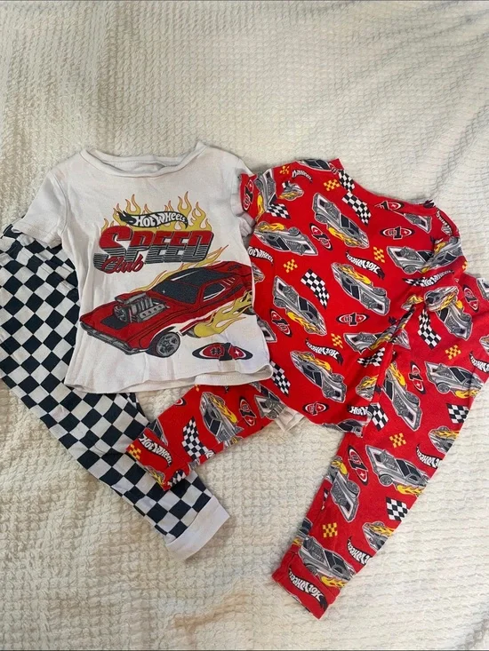 Hot Wheels Red Car & Black-White Checkered Kids Pajama Set