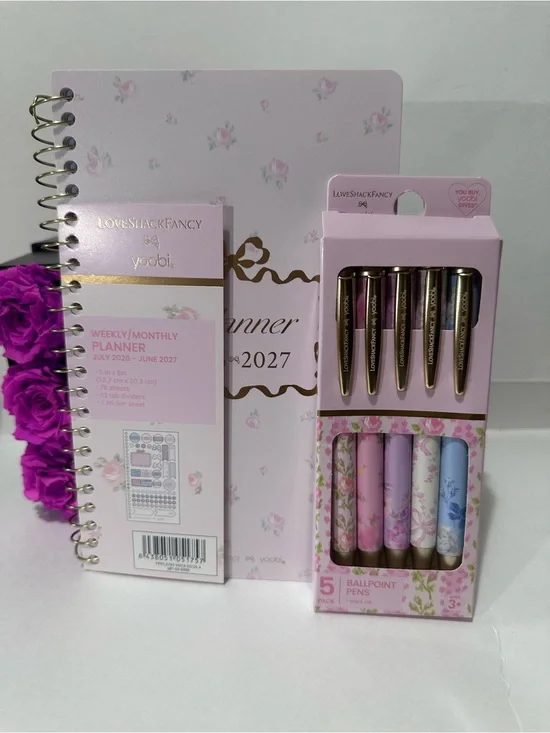 Love Shack Fancy x yoobi Pink Floral Planner and 5pk Pen - Gift set