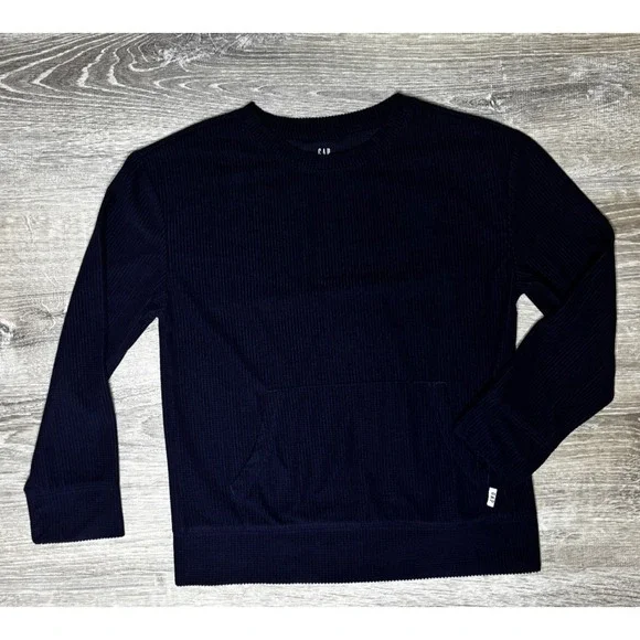 Gap Kids Navy Blue‎ Waffle Pullover Long Sleeve Top Kangaroo Pocket Cozy Size 10