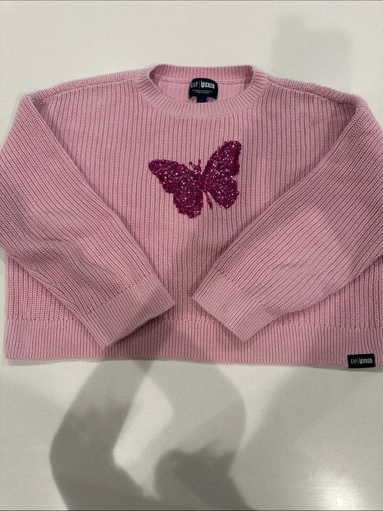 GAP Wicked Themed Pink Crewneck Sweater with Sequin Butterfly