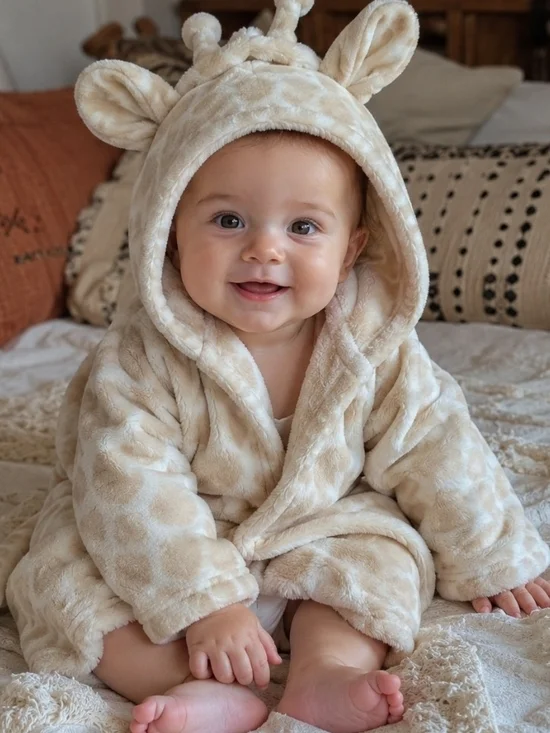 4/$15 Baby Giraffe Hooded Plush Bath Robe Beige 0-9 Months Cozy Infant