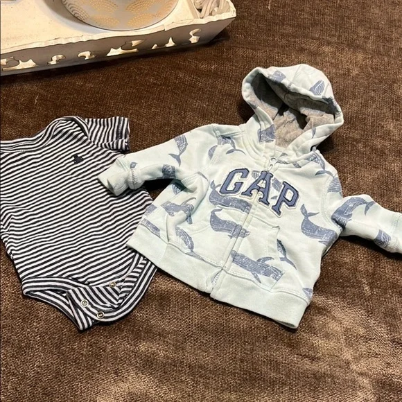 Baby GAP Blue Striped Onesie & Whale Print Cozy Hoodie- Size 0-3 Months