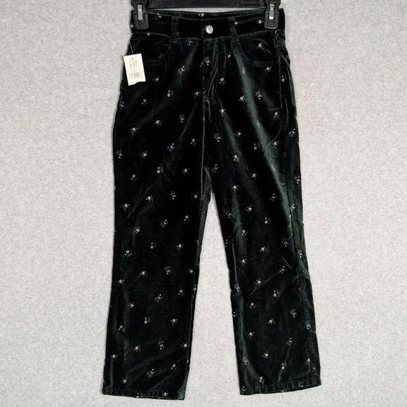 GAP Velvet Pants Kids Size 7 Dark Green Ditsy Floral Straight Leg Fall Fashion