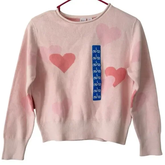 NWT Gap Kids Pink Hearts Rolled Neck Knit Sweater Girls Size Large 10/12