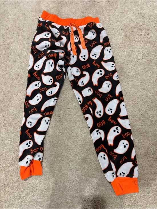 Kids Halloween Ghost Fleece Pajama Pants - Orange & Black
