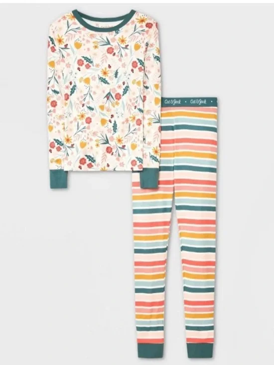 Girls Flower & Stripes Snug Fit Long Sleeve Pajama Set Size 8 Cat & Jack