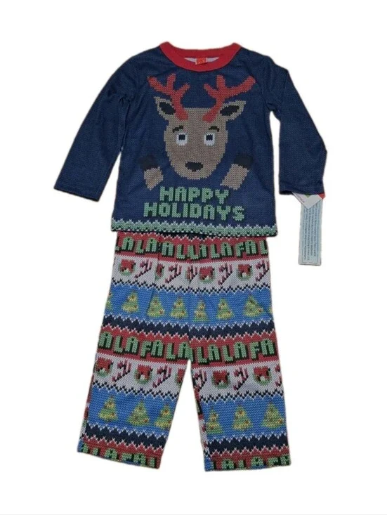 NWT Kids Christmas Happy Holidays Pajamas 3T Reindeer Trees Top and Pants Pj's
