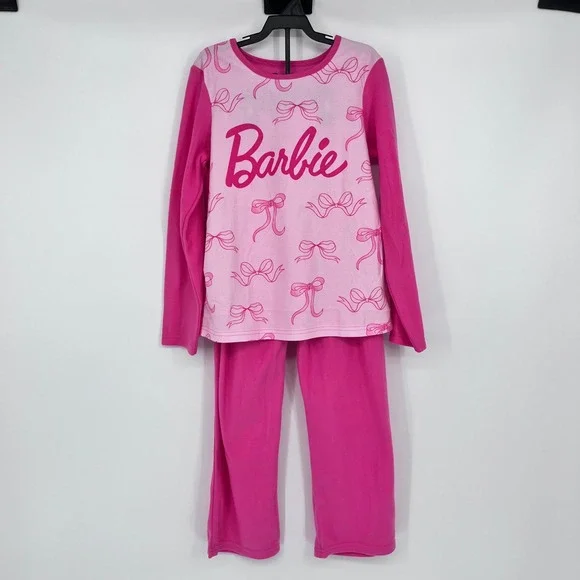 NWOT Barbie‎ Girls Pink Pajama Set 2 Piece Fleece Bow Logo Size Medium 7/8
