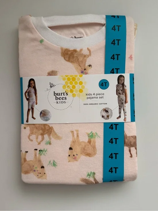 NWT Burt's Bees Kids 4 Piece Organic Cotton Pajama Set Horse & Ice Cream Size 4T