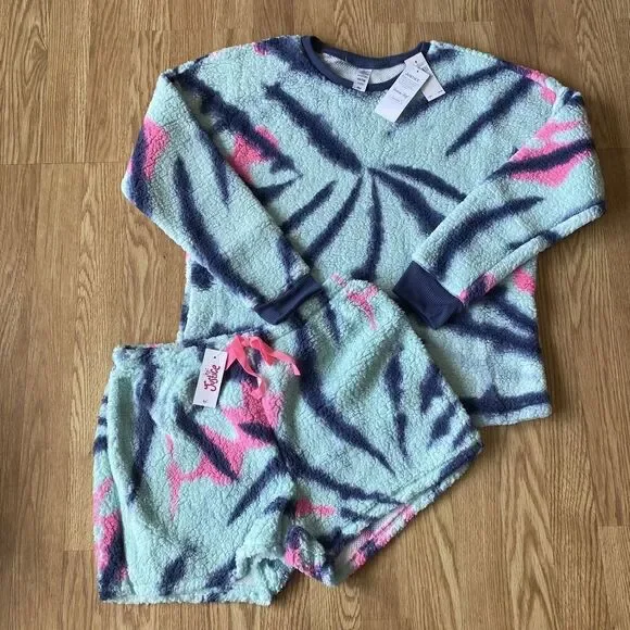 Justice Sherpa Tie Dye Pajama Set Blue Pink 16/18