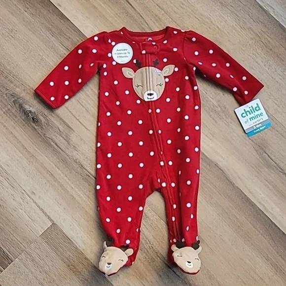 NWT Carter's Reindeer Fleece Footie Sleeper 3-6m Red Polka Dot