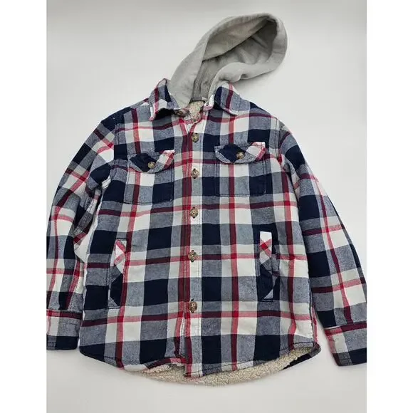 GapKids Boy's Size 6-7 Plaid Hooded Button-down Jacket with Fleece Lining