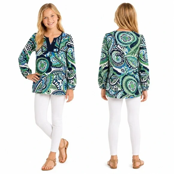 Gap Tunic Top Girls Large 10‎ Green Blue Paisley Boho Split Neck Crochet Trim