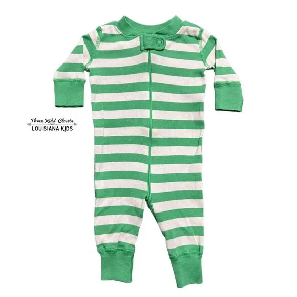 Hanna Andersson Sz 50 (0-6m) Green Striped Zipper Sleeper Pajamas