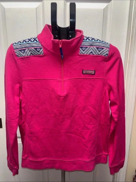 Vineyard Vines Hot Pink Quarter-Zip Pullover Navy Patterned Shoulders Girls L