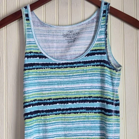 Faded Glory Tank Top‎ Girls Large 12-14 Blue Stripe Scoop Neck Sleeveless Shirt