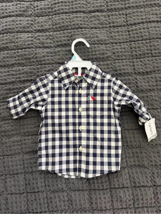 Carter's Navy and White Gingham Button-Down Shirt with Red Accent