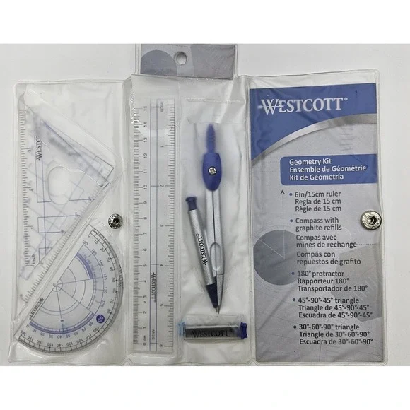 Westcott 14564 Geometry Set Kit Compass Protractor Triangles Ruler Storage Pouch