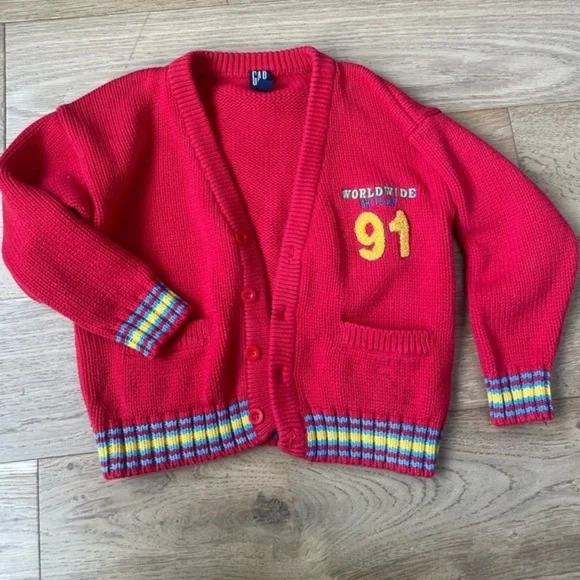 Vintage GAP Kids Red Cardigan with Colorful Trim