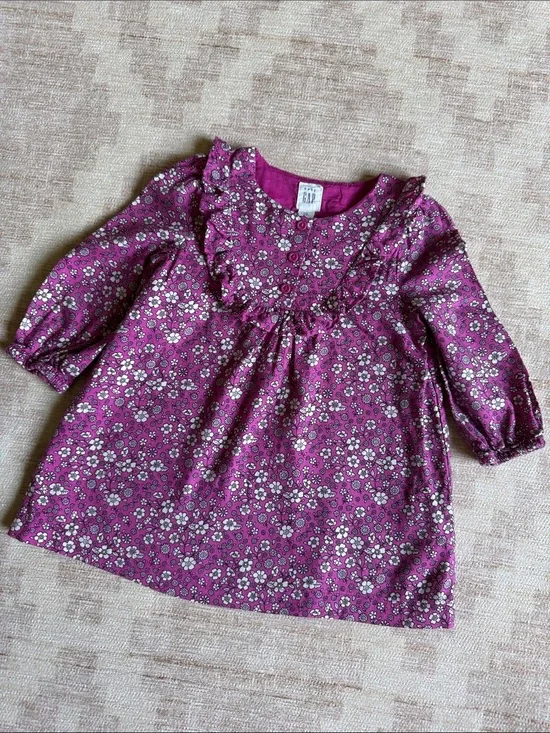 Baby GAP Girls Floral Ruffle Long-Sleeve Cotton Dress Purple & White size 6-12M