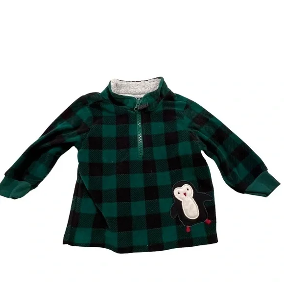 Child of Mine Carter's Baby Quarter Zip Fleece Sweatshirt Green Plaid Penguin