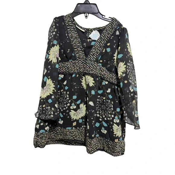 Mary-Kate and Ashley Floral Tunic Girls XS 4/5 Black Boho Bell Sleeve VTG Y2K