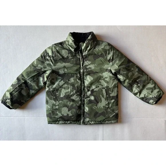 Gap‎ Boys Reversible Black Dinosaur Camouflage Puffer Jacket Cold Control Sz 4