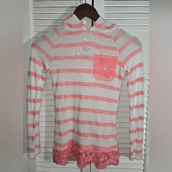 Girls Pink White Striped Lace Accents Pullover Hoodie Missing Sz 10/12