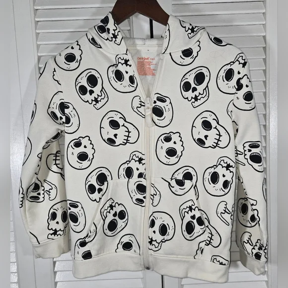 Cat&Jack White Zip Up Hoodie Black Skull Print Pockets Sz 6/7 Halloween