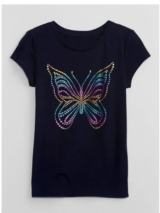 Gap Kids Girls Short-Sleeve Navy Butterfly Foil Tee Graphic T-Shirt M