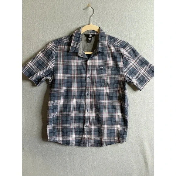 Volcom Button Up Kids Extra Large 15Y Plaid Shirt Short Sleeve Casual‎