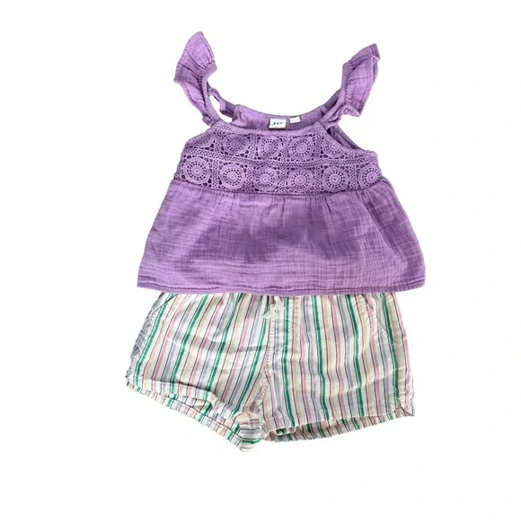 Gap Kids Girls Purple Gauze Ruffle Crochet Top and Striped Shorts Set Size 8-10