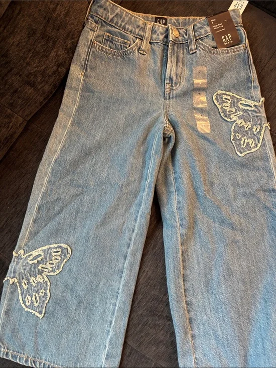GAP Light Blue Wide-Leg Jeans with White Butterfly Embroidery