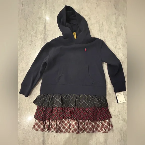 Polo Ralph Lauren Navy Blue Kids Hoodie with Plaid Skirt   Size 4/4T