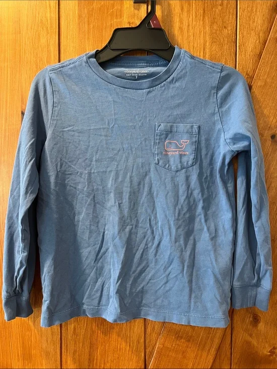 Vineyard Vines Kids Long-Sleeve Pocket Tee - Light Blue with Pink Whale