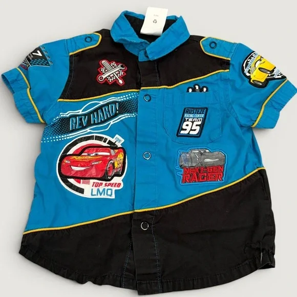 Disney Store Cars Lightning McQueen Racing Patch Button Down Shirt Size 3 Boys