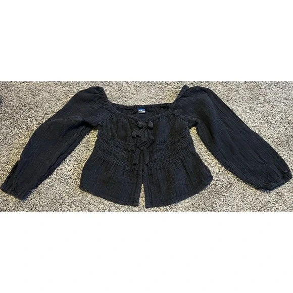 OLD NAVY Long sleeve double weave bow top blouse girl's M (8) - black