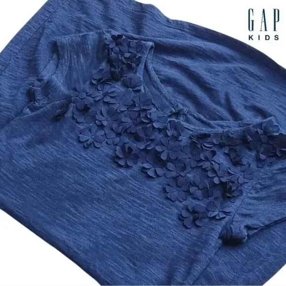 GAP Kid's Girls Blue Jersey Dress Short Sleeve with Flowers 3D Size Large