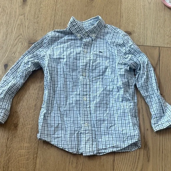 Vineyard vines Blue and White Checkered Button-Up whale Shirt 3T