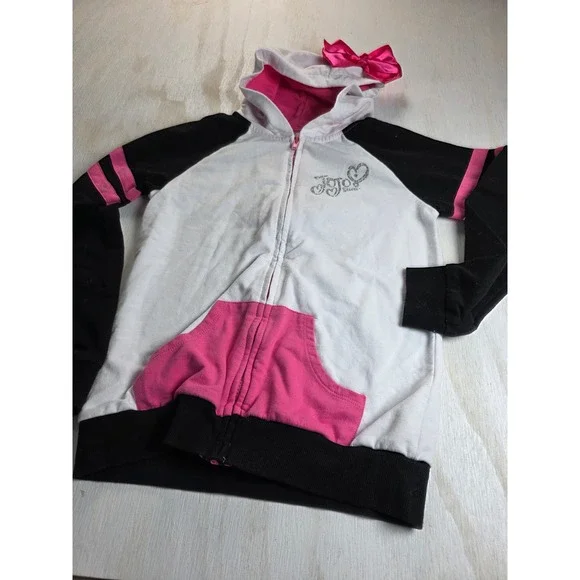 JoJo Siwa Nickelodeon Girls Zip Up Hoodie Bow White Black Pink Size L 10/12 Y2K