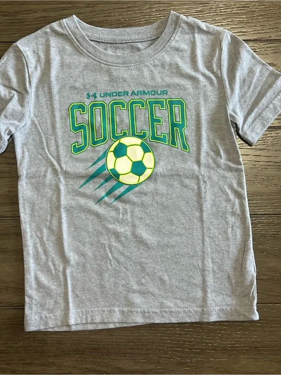 Under Armour Gray Tee with Neon Green & Teal Soccer Graphic