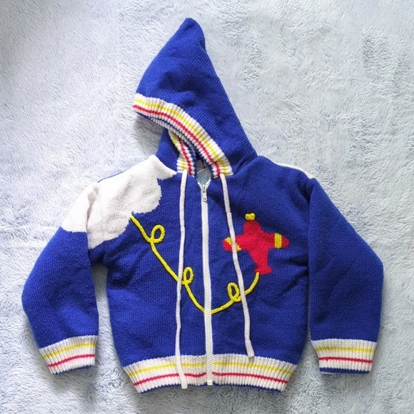 2T VTG Vintage Airplane ✈️ NannKnits Reversible Zip Hoodie Sweater Checkered 80s