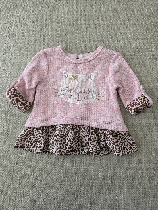 Little Lass Pink Knit Cat Sweater with Leopard Ruffle