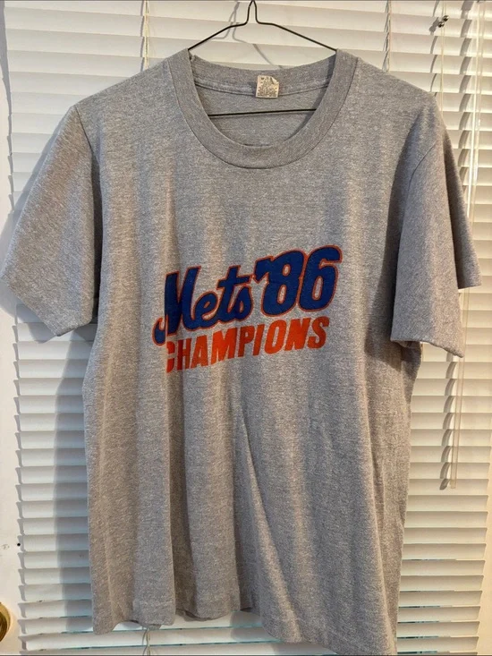 Vintage 1986 New York Mets World Series Champions WHN 1050 AM Gray T-Shirt