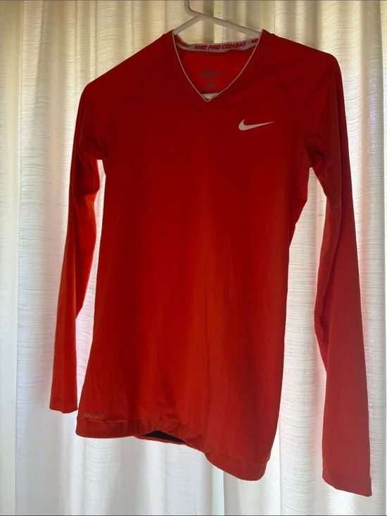 Nike Pro Orange Long-Sleeve Performance Top with White Swoosh Dri fit M