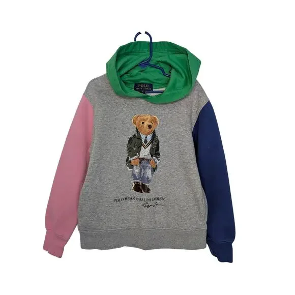 Polo Ralph Lauren Boys Tops, Polo Bear Tricolor Pocketed Sweatshirt Hoodie, Sz 8