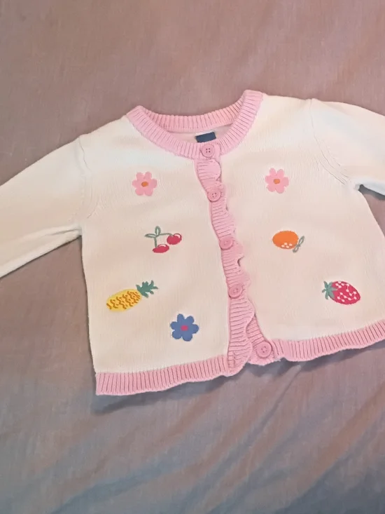 Old Navy White Knit Cardigan with Pink Trim and Fruit Appliqués