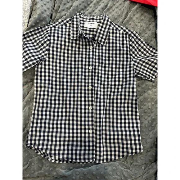 Old Navy Boys Black White Gingham Button Shirt Medium (8) Short Sleeve Cotton