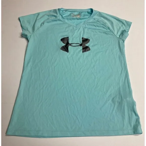 Under Armour HeatGear Boys YXL Blue Loose V-Neck Short Sleeve Logo Tee