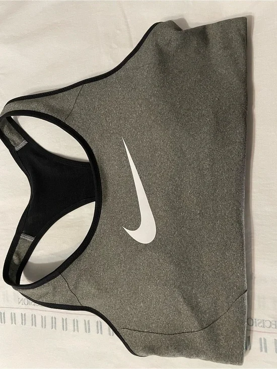 Nike Gray and Black Racerback Sports Bra with White Swoosh